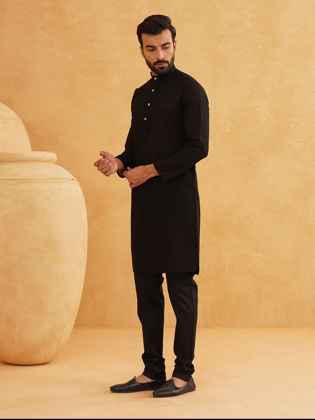 SOJANYA Motif Etnik Bersulam Kolar Jalur Kapas Tulen Kurta Panjang Lurus