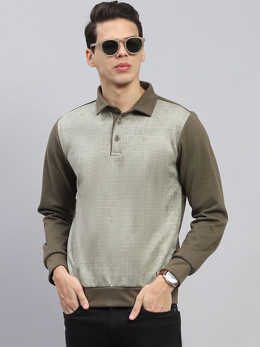Monte Carlo Men Self Design  Collared Neck Full Sleeve Sweatshirt
