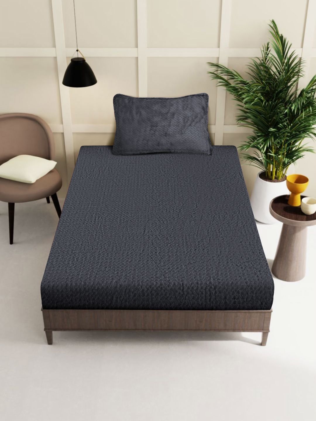 KLOTTHE Grey Abstract 300TC Woolen Single Fitted Bedsheet & 1 Pillow Cover