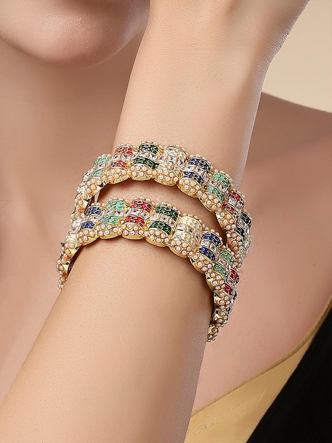 KARATCART Set Of 2 Gold-Plated & Red Stone Studded Rajwadi Bangle