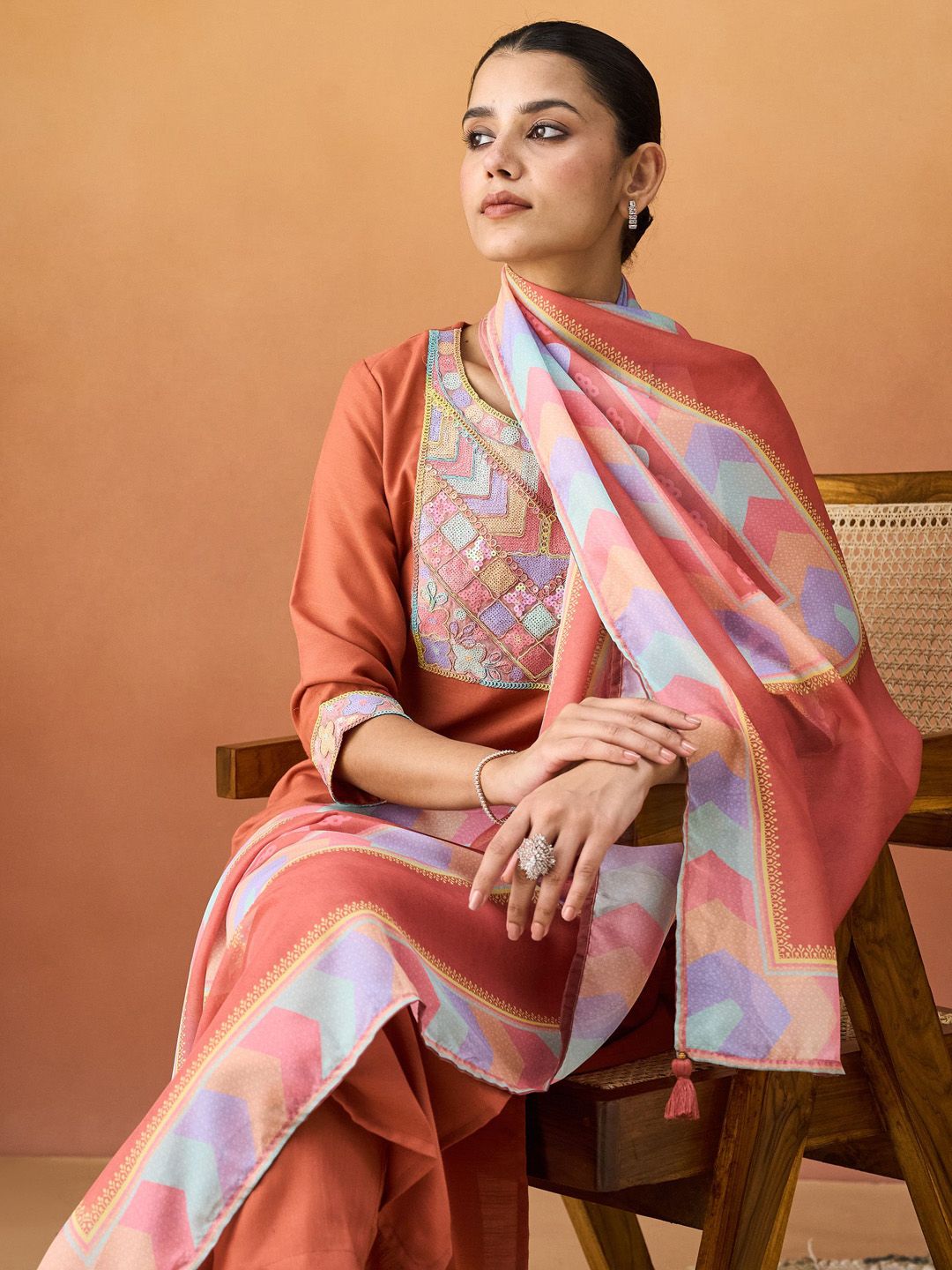 KALINI Women Ethnic Motifs Embroidered Regular Sequinned Kurta with Trousers & With Dupatta
