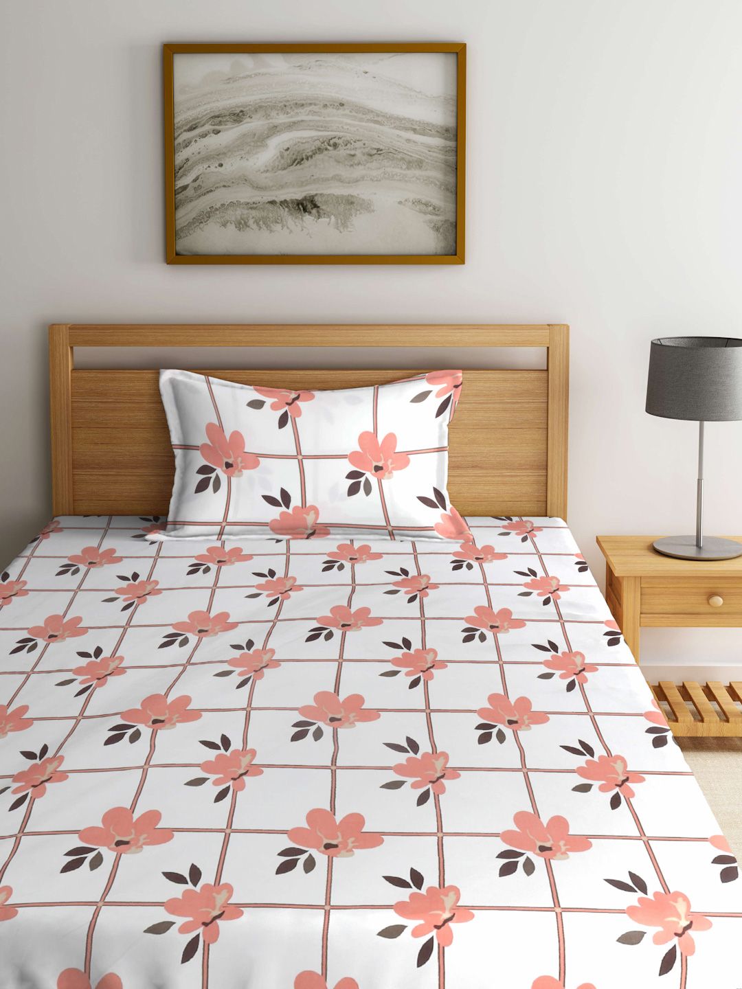 Myntra Elegant Homes White & Peach Printed 300 TC Single Bedsheet Set 2.25 m x 1.5 m