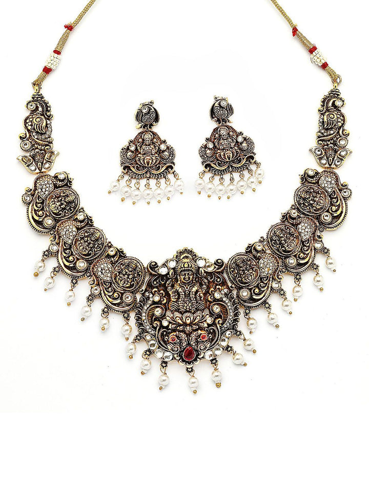 KARATCART Gold-Plated Artificial Stone-Studded & Beaded Laxmi Mata Temple Jewellery Set