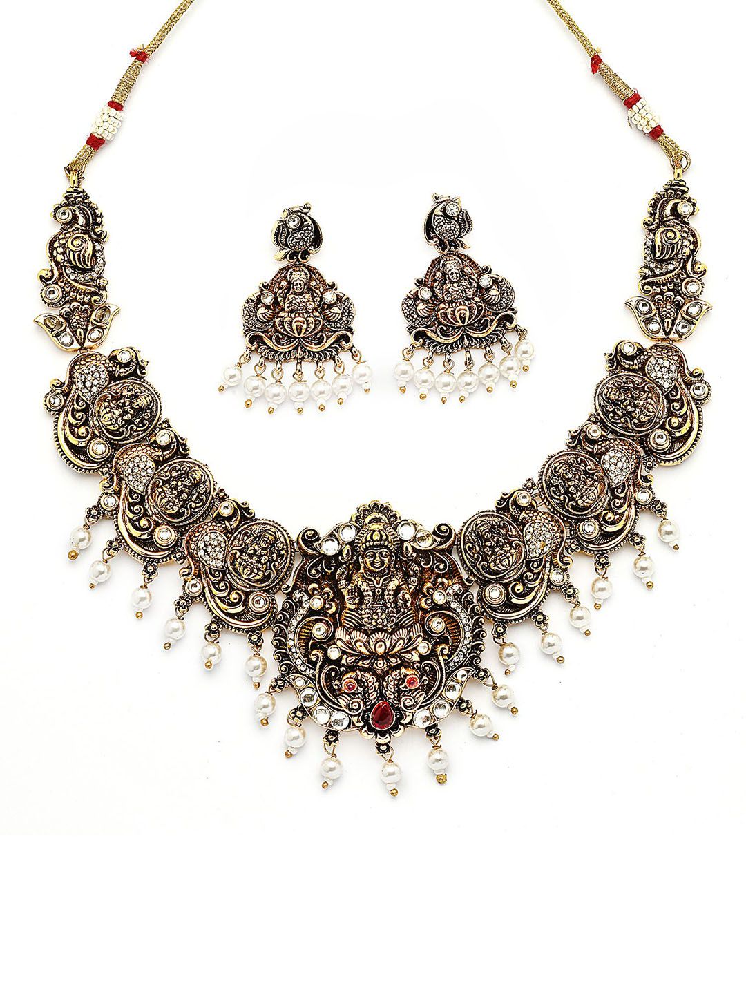 KARATCART Gold-Plated Artificial Stone-Studded & Beaded Laxmi Mata Temple Jewellery Set