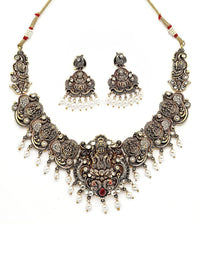 KARATCART Gold-Plated Artificial Stone-Studded & Beaded Laxmi Mata Temple Jewellery Set