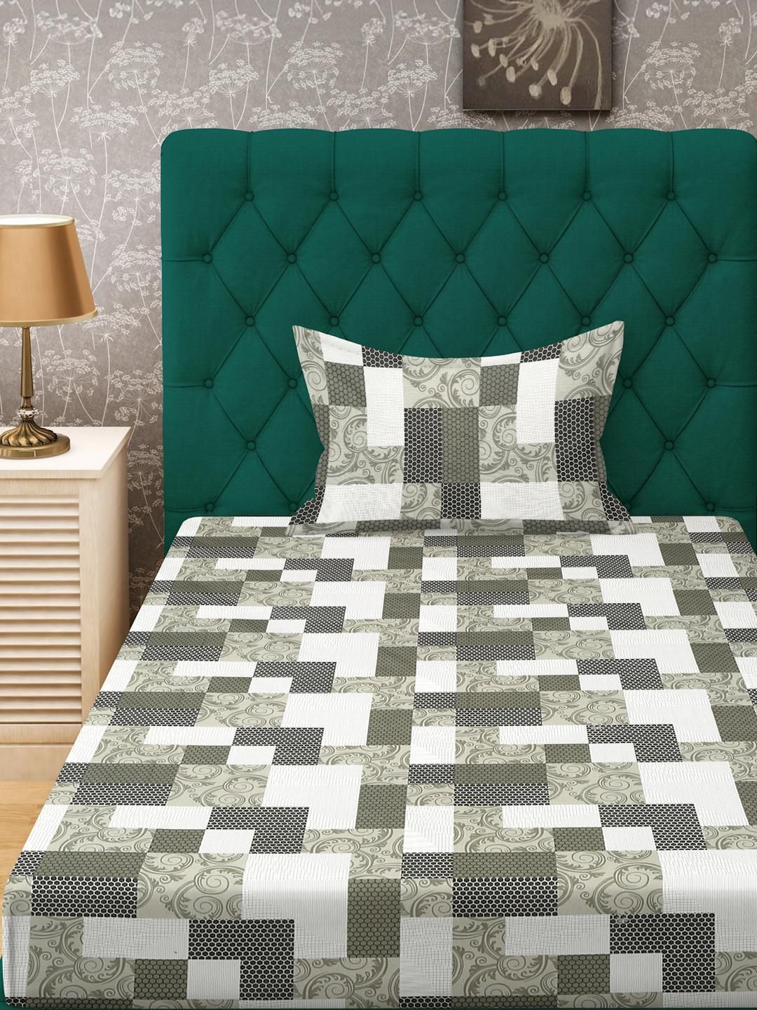 KLOTTHE Olive Green & White Geometric 400 TC Single Cotton Bedsheet with 1 Pillow Covers
