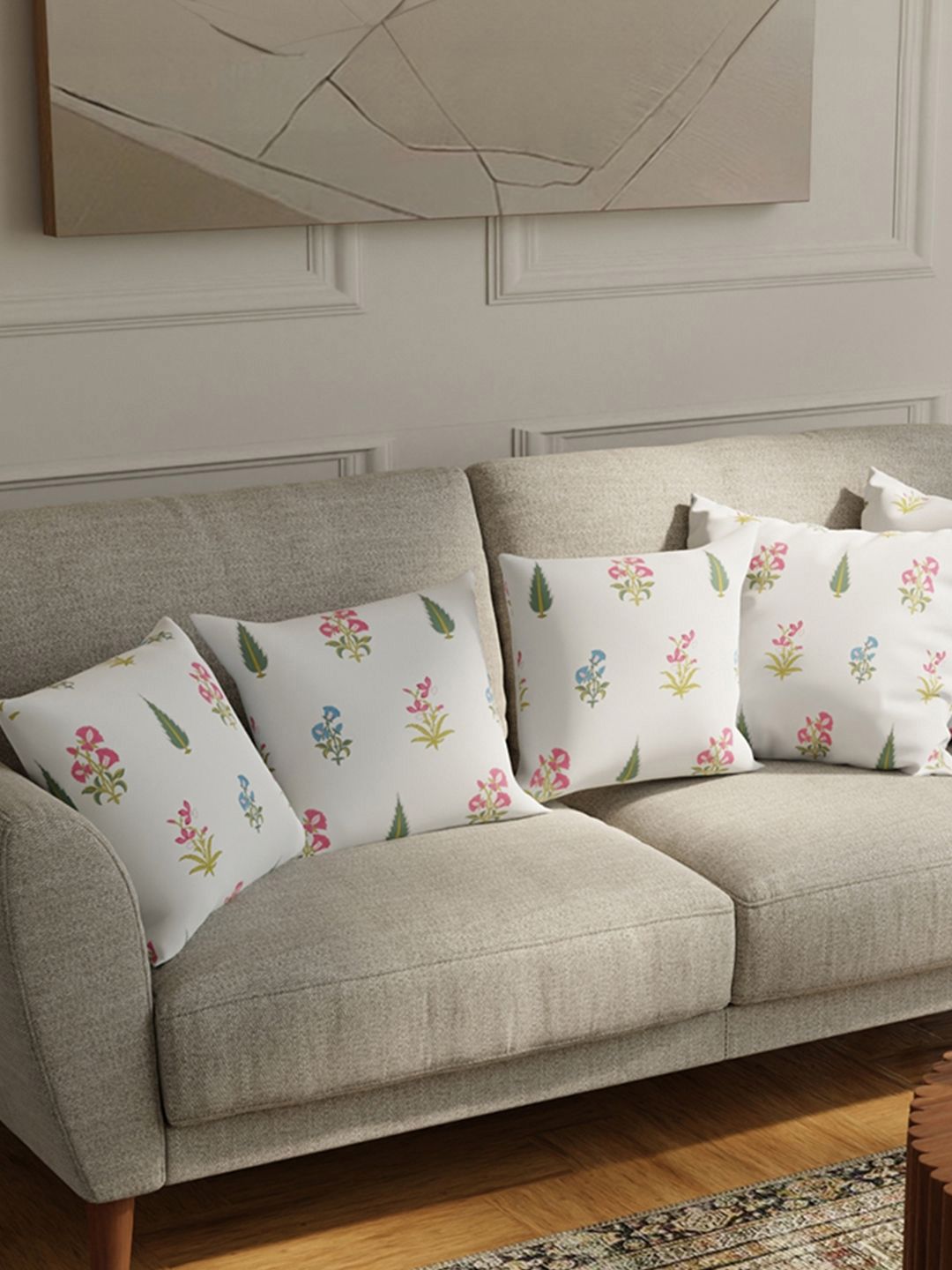 URBAN SPACE White & Red 5 Pieces Floral Printed Cotton Square Cushion Covers