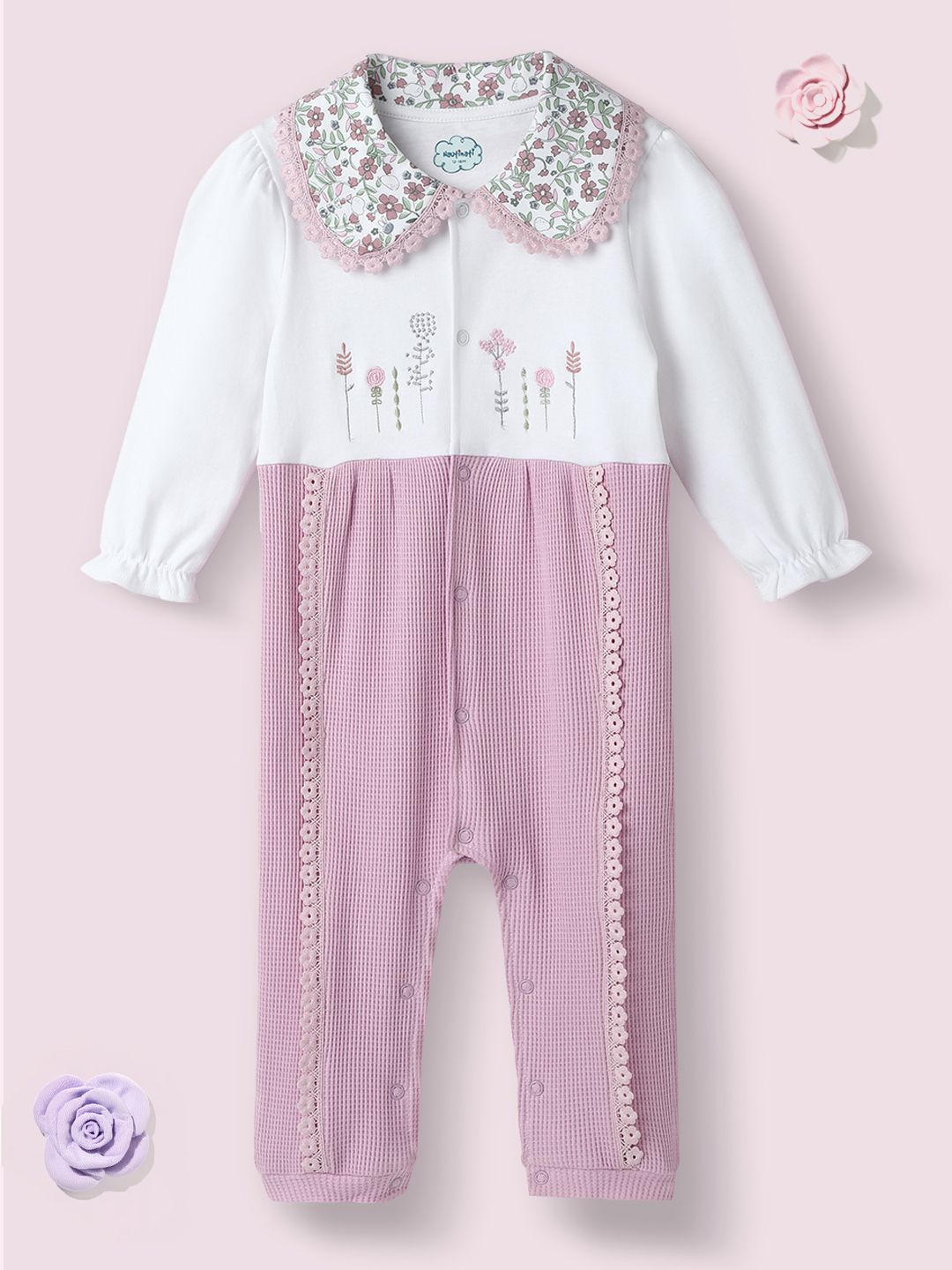 Nauti Nati Girls Cotton Textured Fabric Floral Embroidered Collared Jumpsuit