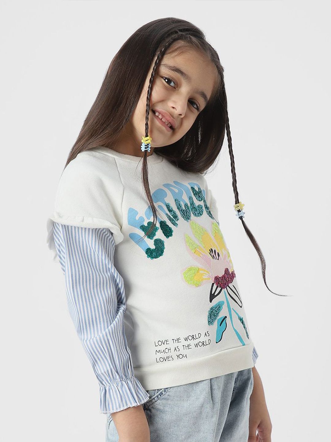 Nauti Nati Girls Graphic Printed Sweatshirt with Striped Sleeves
