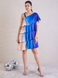 Antheaa Women Tie and Dye Dyed One Shoulder Layered Satin Above Knee A-Line Dress