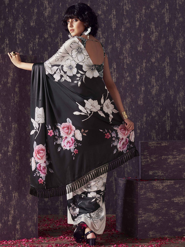 Tikhi Imli Floral Satin Fusion Black And White Saree