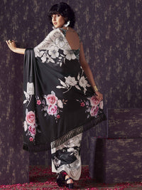 Tikhi Imli Floral Satin Fusion Black And White Saree