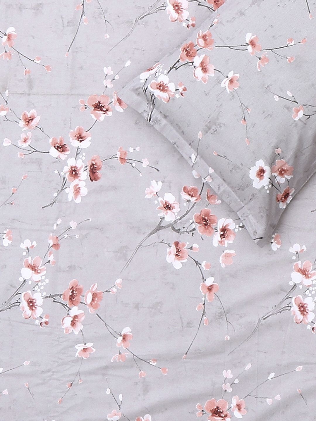Monte Carlo Grey & Pink Printed Cotton 104 TC Queen Bedsheet Set 2.24 m x 2.54 m