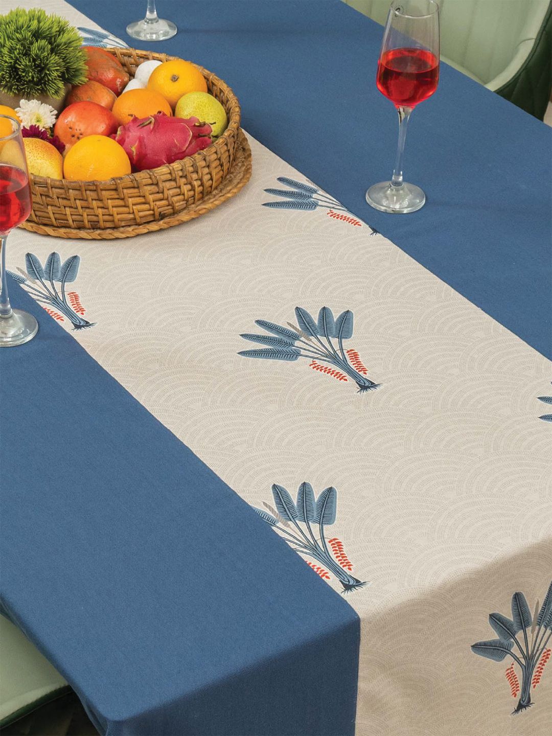URBAN SPACE Blue & White Floral Anti-Slip Cotton 6-Seater Table Cover