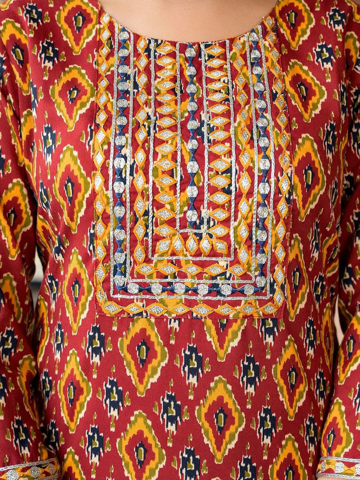 KALINI Geometric Printed Thread Work Straight Kurta With Trousers & Dupatta