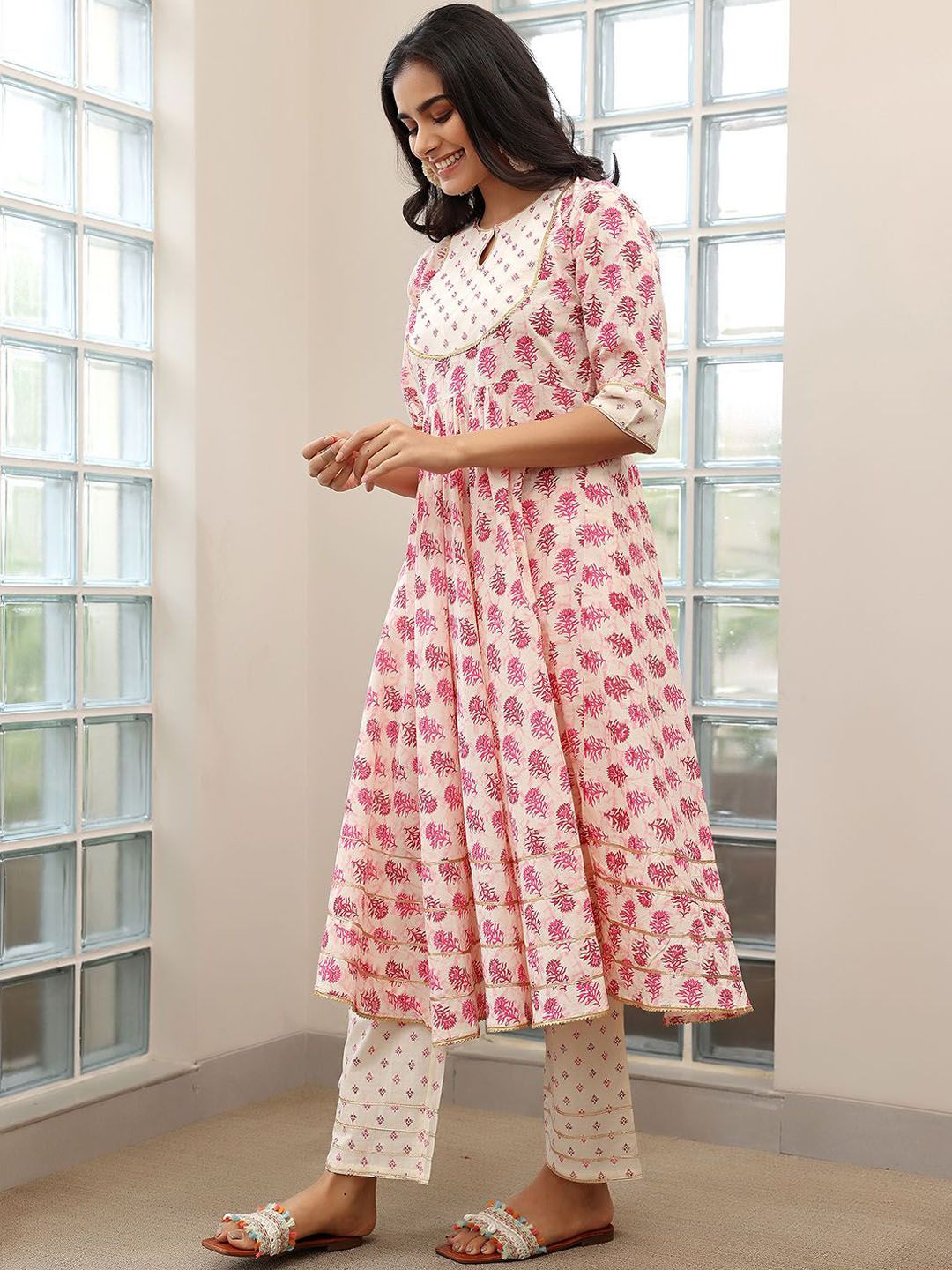 Libas Floral Printed Gotta Patti Pure Cotton Anarkali Kurta with Trousers & Dupatta