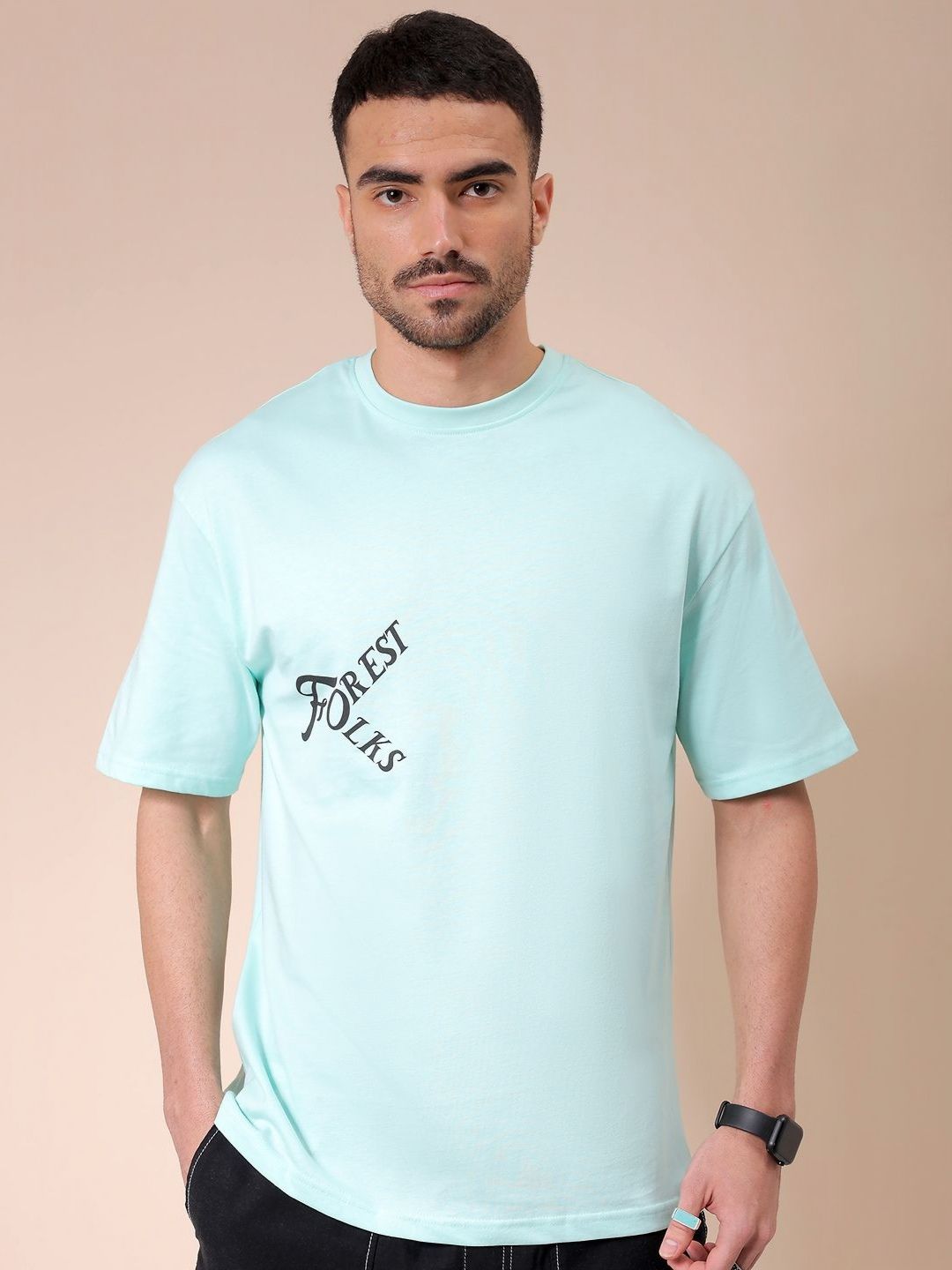 The Indian Garage Co Men Pure Cotton Graphic Printed Round Neck Cotton Oversized T-shirt
