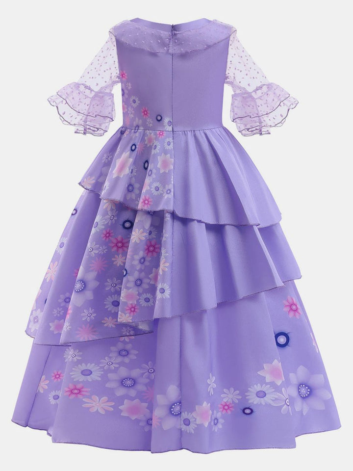 YK Girls Floral Print Bell Sleeves Embellished Layered Fit & Flare Maxi Dress