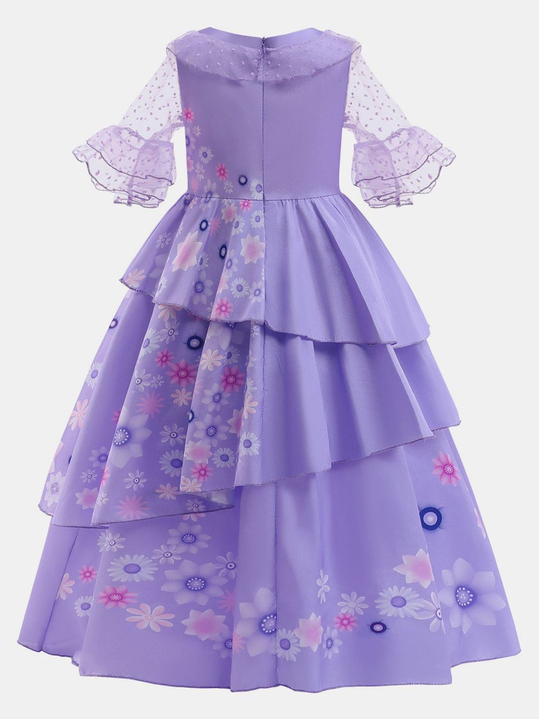 YK Girls Floral Print Bell Sleeves Embellished Layered Fit & Flare Maxi Dress