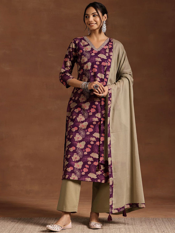 Libas Floral Printed V-Neck Sraight Kurta With Trousers And Dupatta