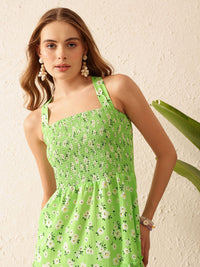 STREET 9 Floral Printed Square Neck Sleeveless A-Line Midi Dress