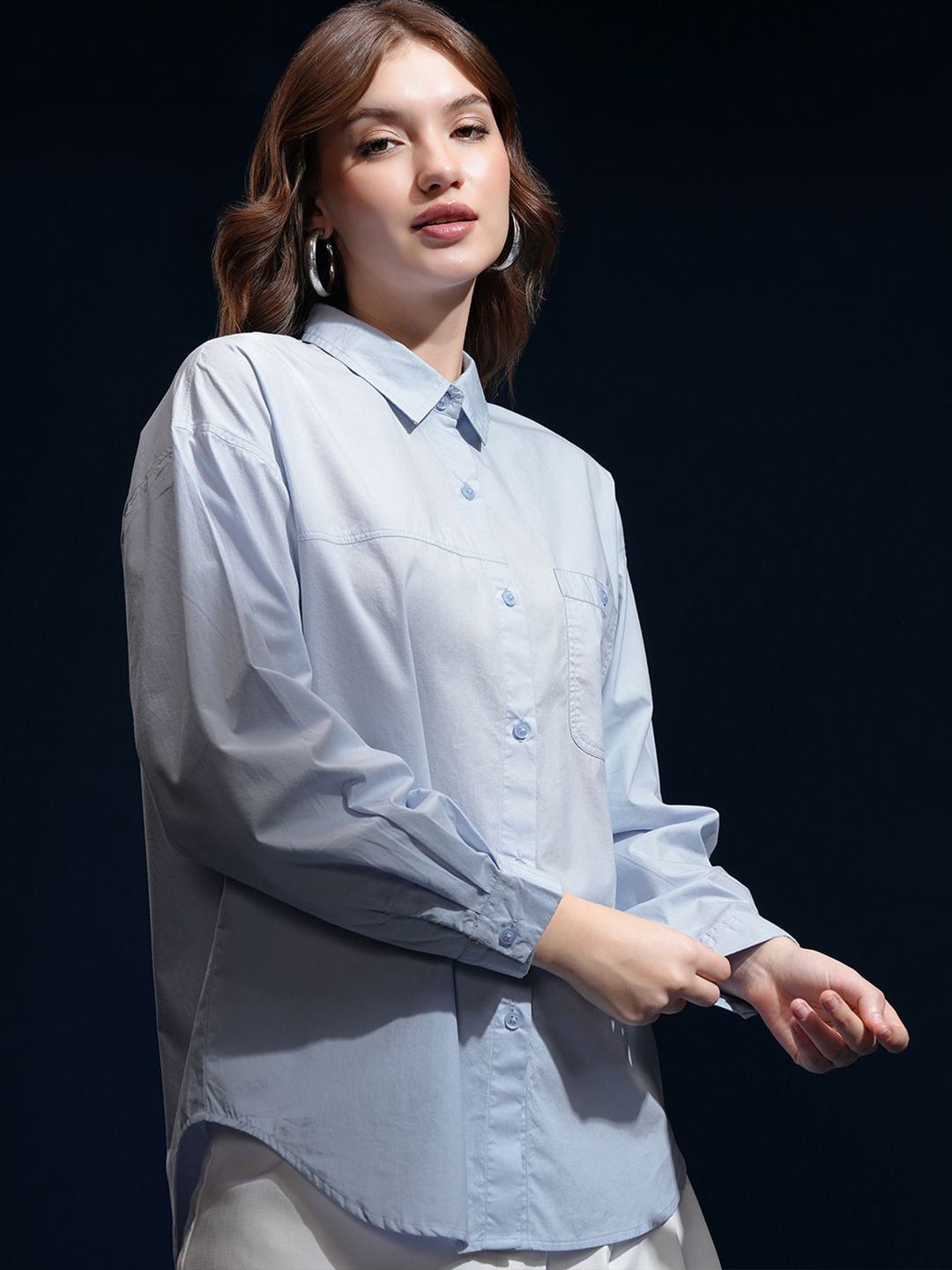 CHIC BY TOKYO TALKIES Women Spread Collar Solid Cotton Oversized Casual Shirt