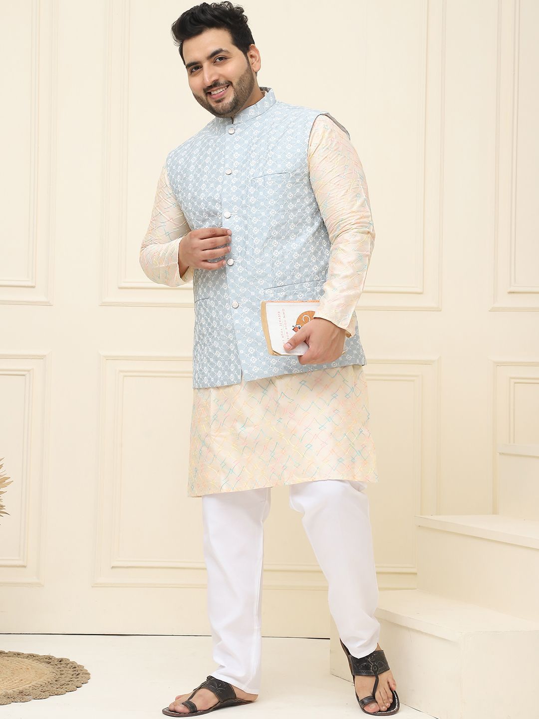 SOJANYA PLUS Lelaki Plus Saiz Sulam Jaket Nehru Kolar Mandarin