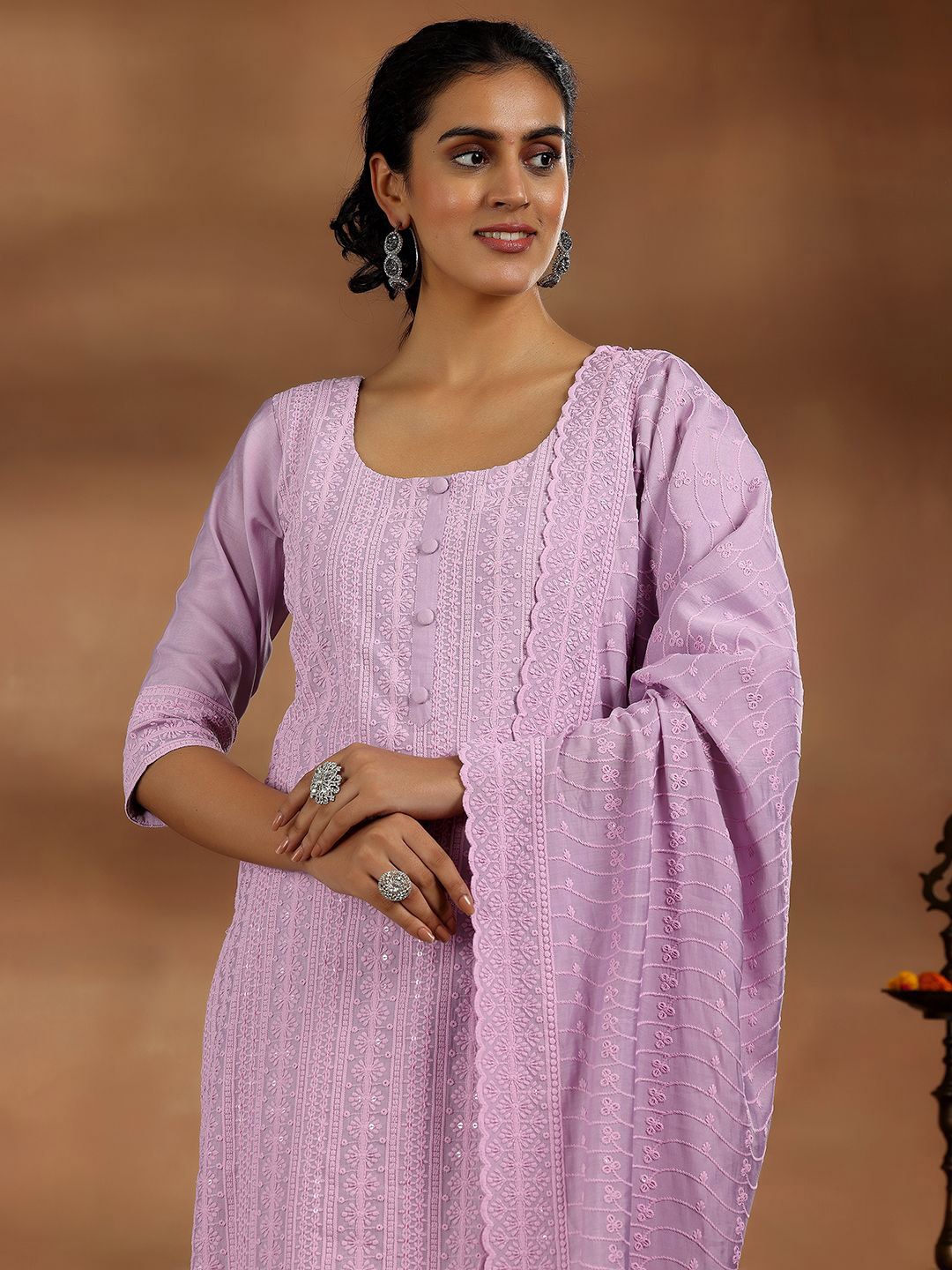 Libas Floral Embroidered Regular Sequinned Kurta with Trousers & Dupatta