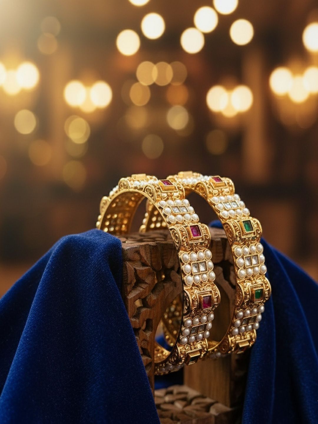 PANASH Set of 2 24K Gold-Plated Ruby & Emerald Stone-Studded & Beaded Bangles