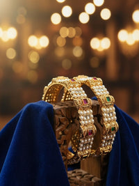 PANASH Set of 2 24K Gold-Plated Ruby & Emerald Stone-Studded & Beaded Bangles