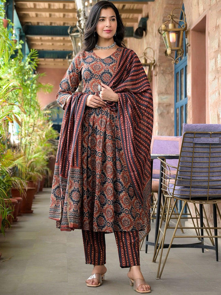 KALINI Ethnic Motifs Printed V-Neck Thread Work A-Line Kurta With Trousers & Dupatta