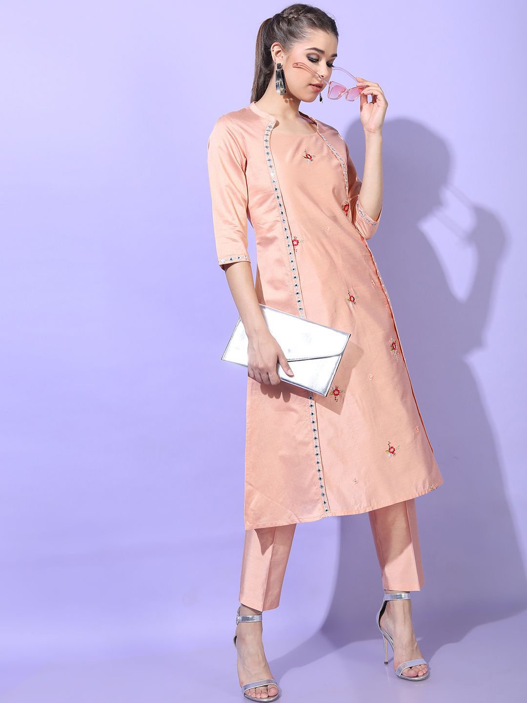 Vishudh Women Ethnic Motifs Embroidered Regular Straight Kurta With Palazzos
