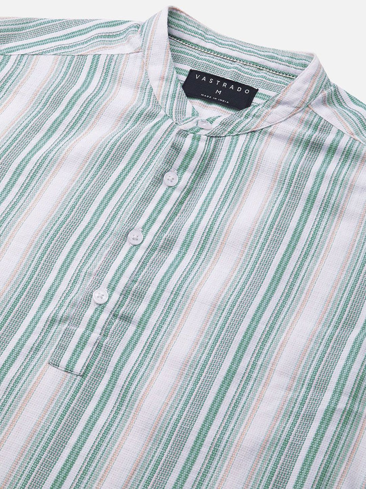 VASTRADO Retro Shoreline Azure Striped Band Collar Cotton Kurta