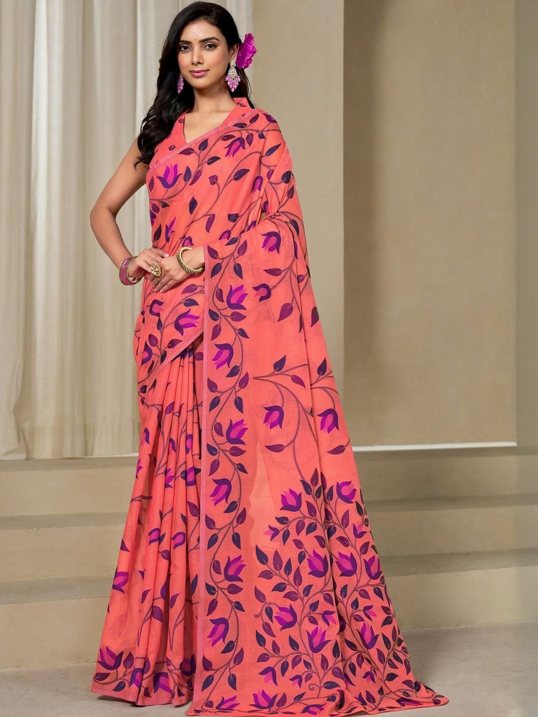 KALINI Orange Pure Cotton Woven Design Sarees
