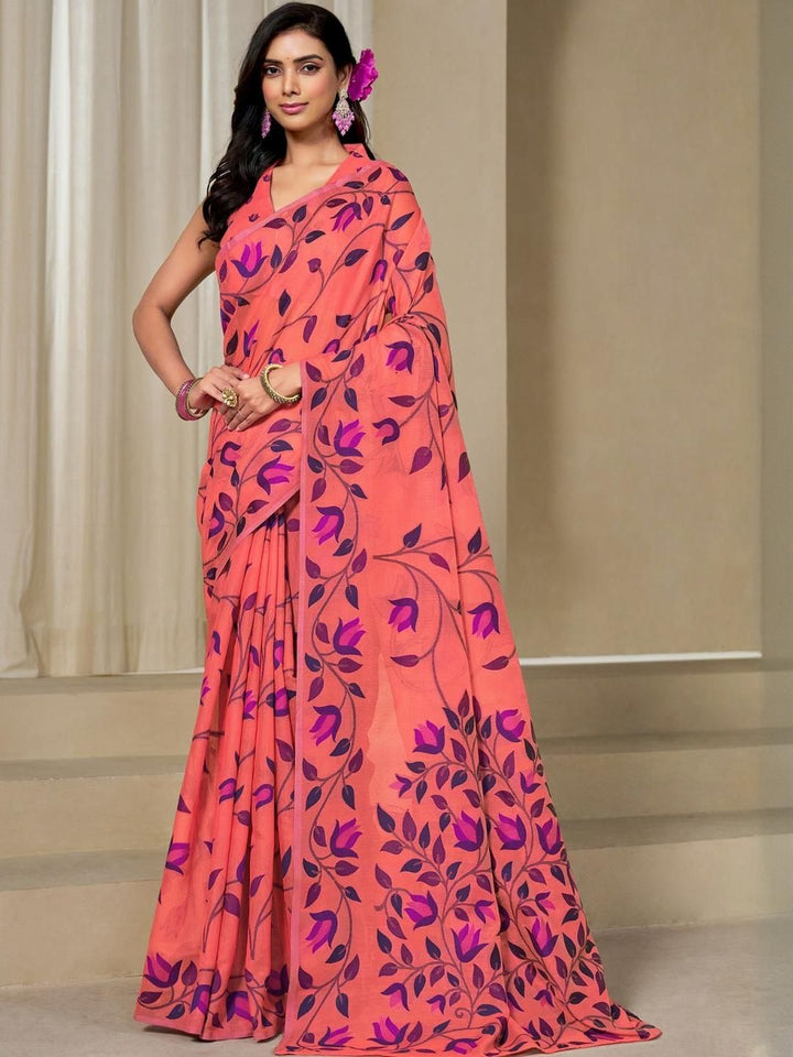 KALINI Orange Pure Cotton Woven Design Sarees