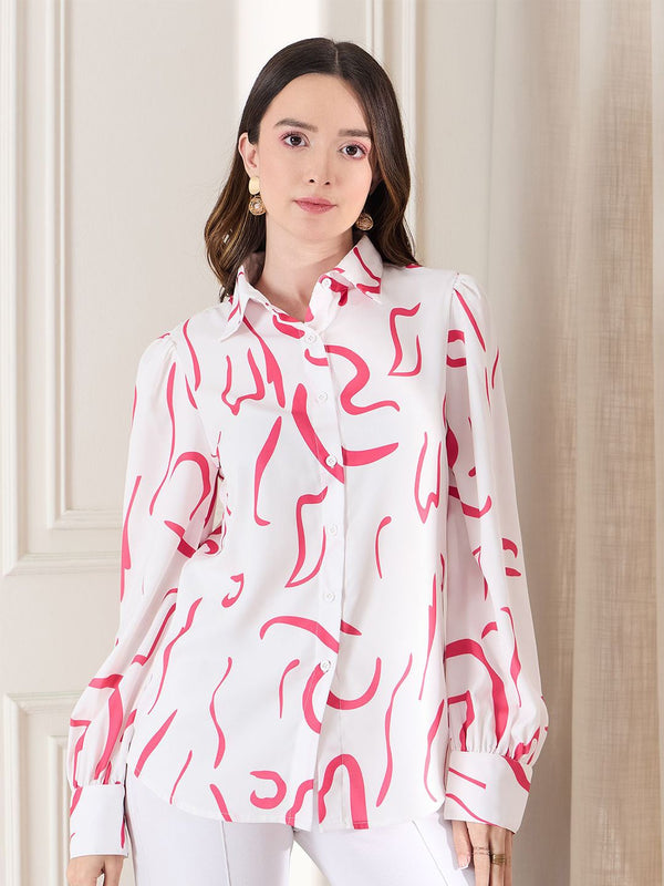 Berrylush wanita biasa sesuai bersebelahan kolar abstrak bercetak baju kasual