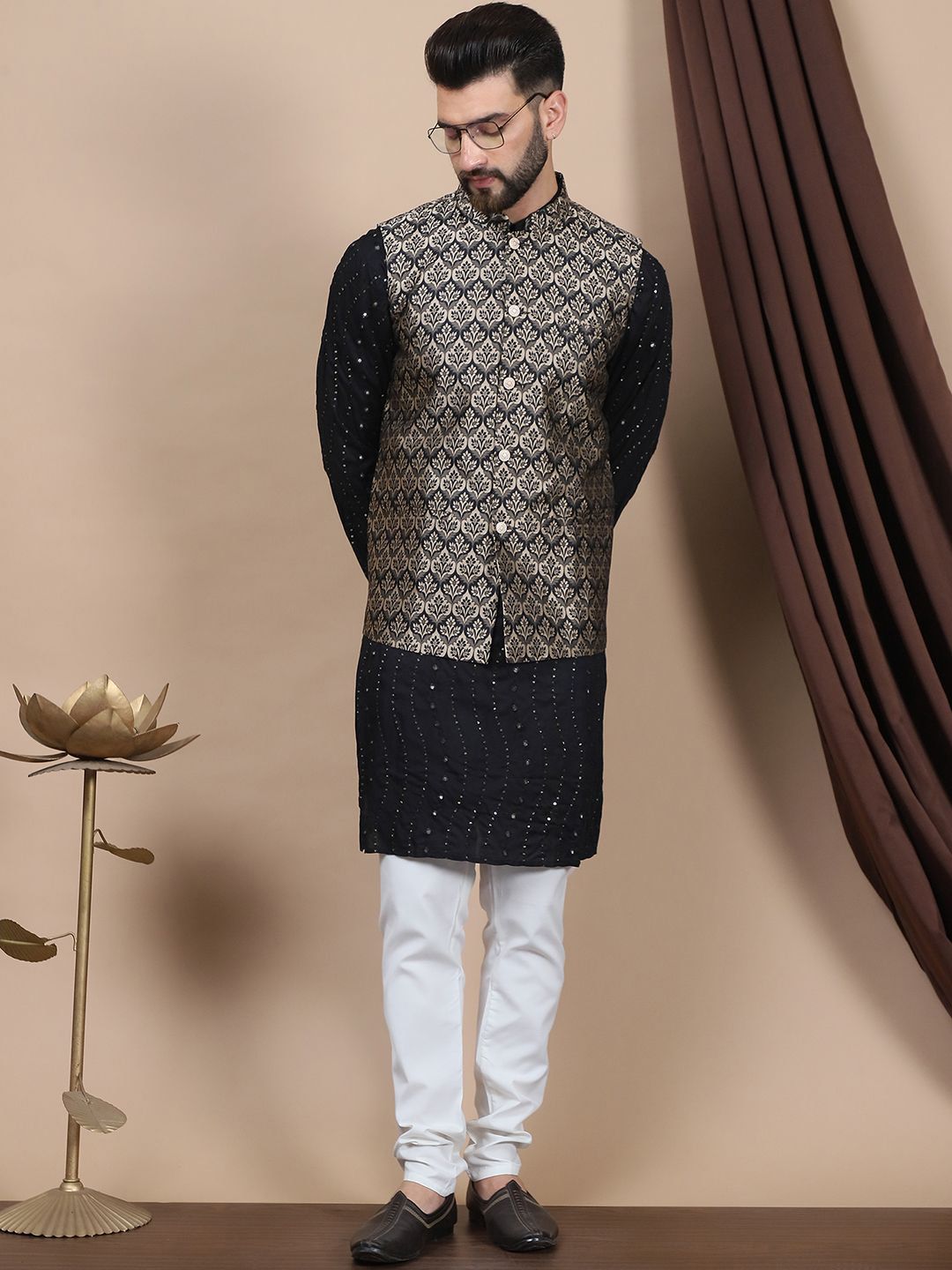 Anouk Leheriya Embroidered Sequinned Cotton Straight Kurta With Churidar & Nehru Jacket