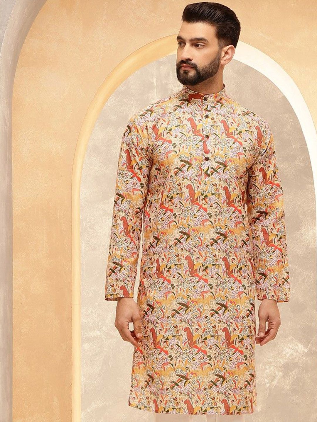 SOJANYA Ethnic Motifs Printed Band Collar Kalamkari Cotton Linen Straight Kurta