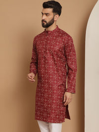 Anouk Men Maroon Geometric Printed Thread Work Pathani Kurta