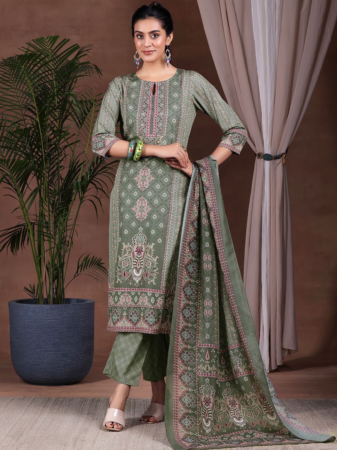 Libas Ethnic Motifs Printed Keyhole Neck Straight Kurta with Trousers & Dupatta