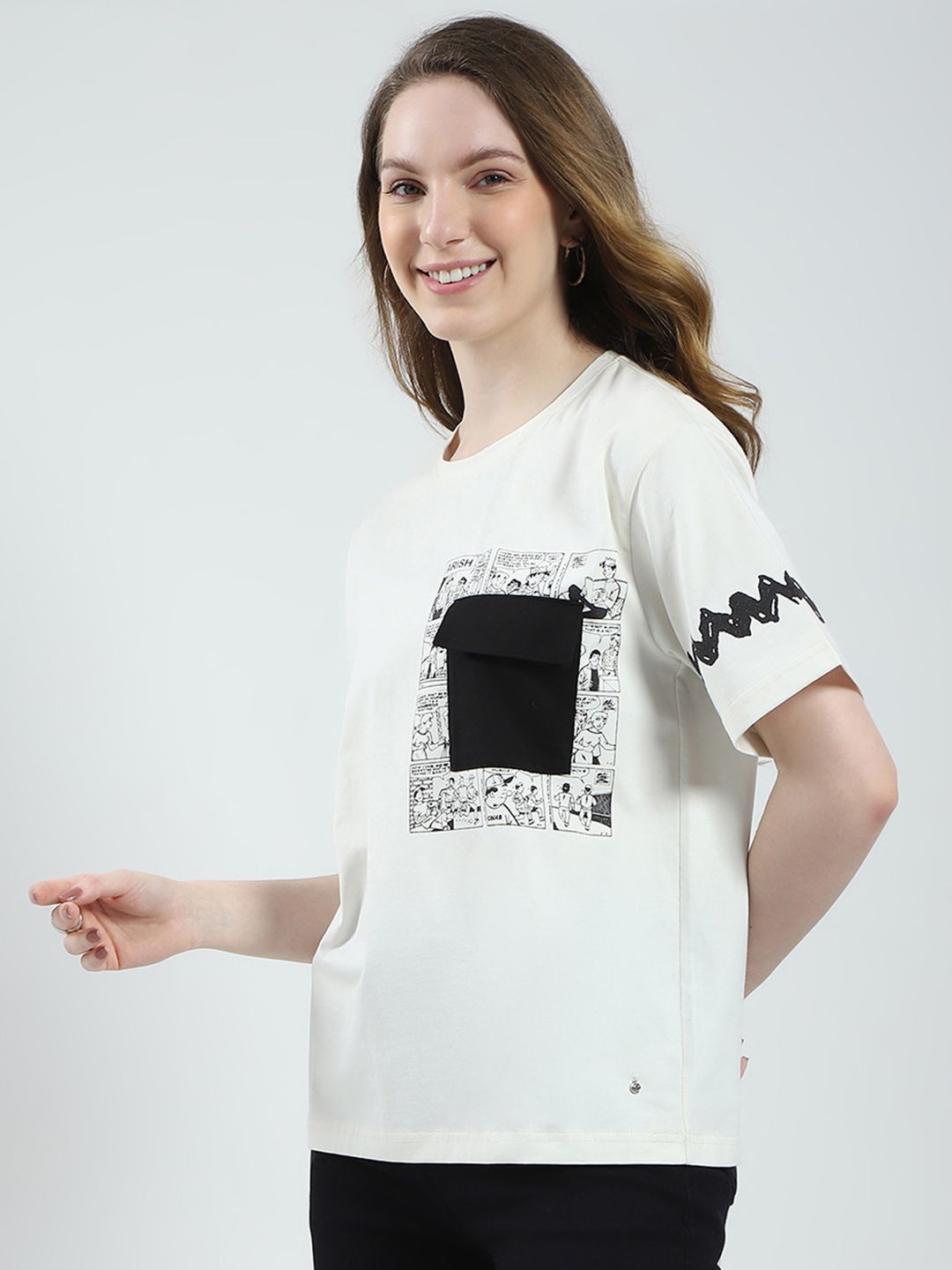 Monte Carlo Printed Drop-Shoulder Sleeves Monochrome Relaxed Fit T-shirt