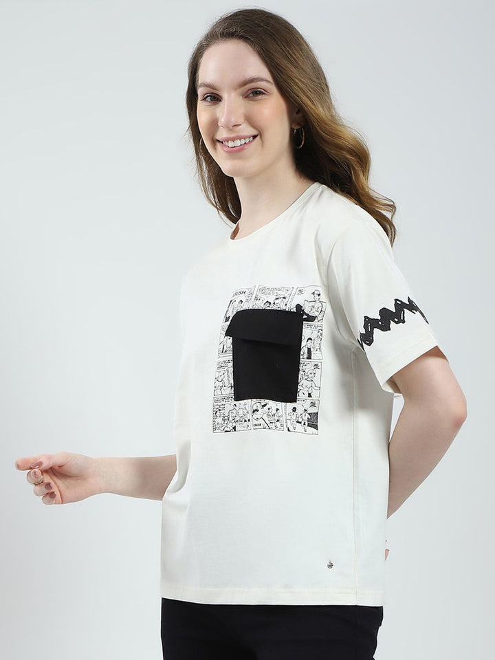 Monte Carlo Printed Drop-Shoulder Sleeves Monochrome Relaxed Fit T-shirt