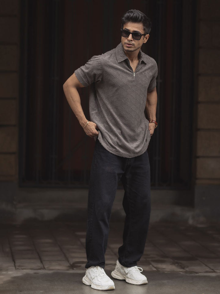 Powerlook Men Self Design Polo Collar T-shirt