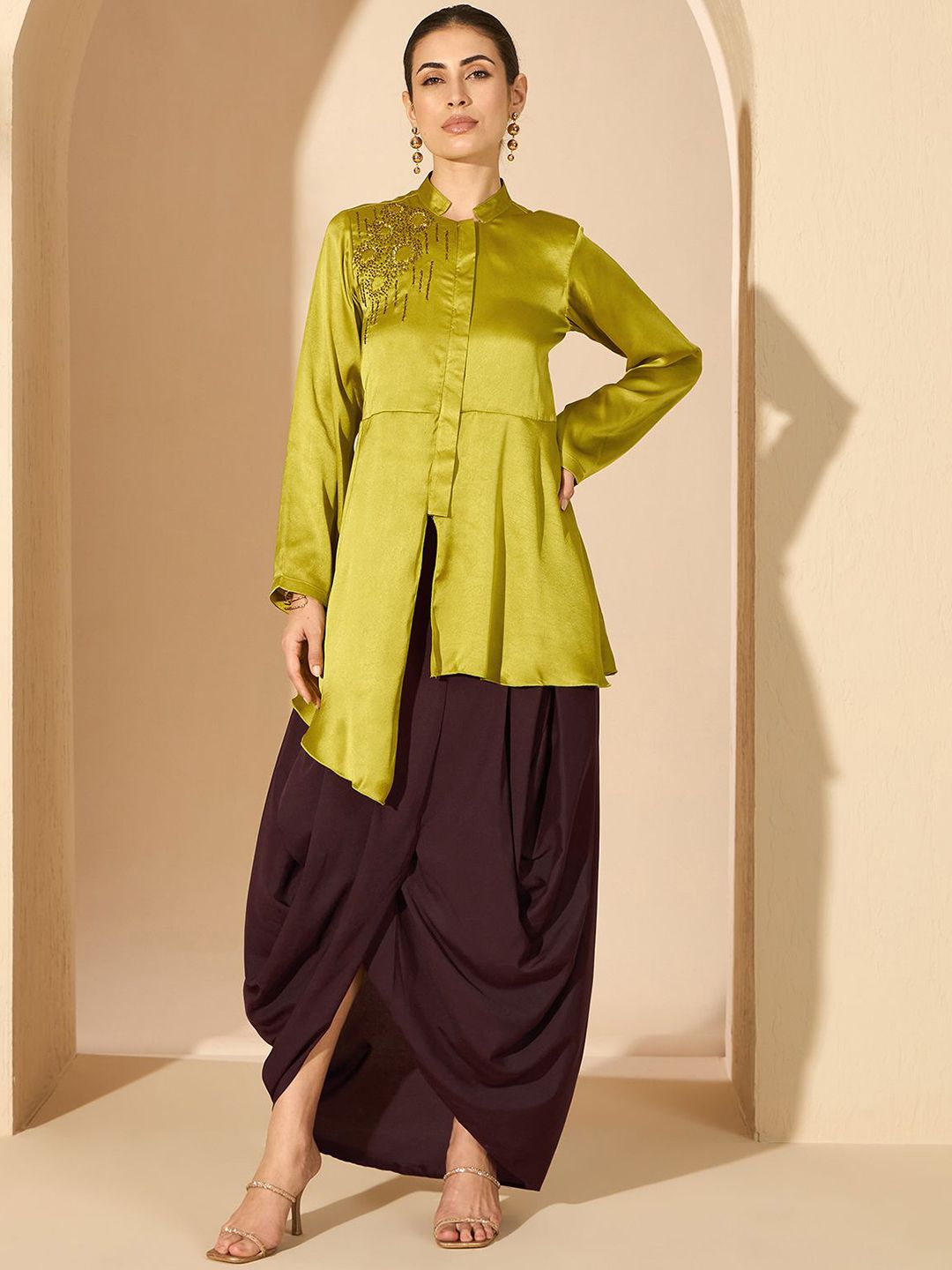 Antheaa 100% Satin Embroidered Mandarin Collar Tunic & Palazzo