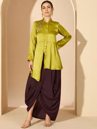 Antheaa 100% Satin Embroidered Mandarin Collar Tunic & Palazzo