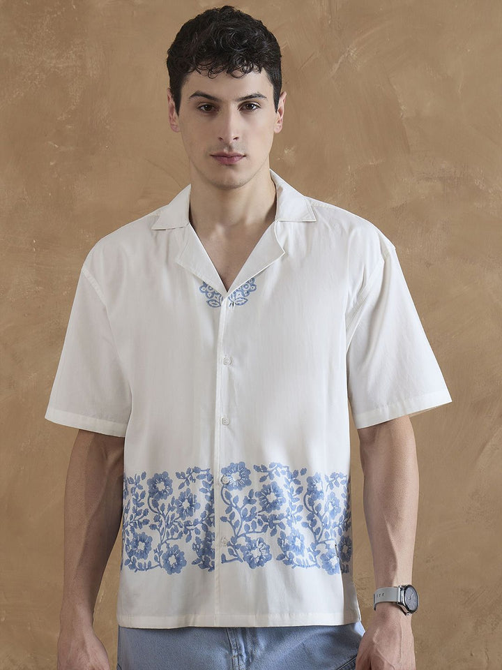 DENNISON Comfort Oversized Floral Print Cuban Collar Hand Block Printed Shirt