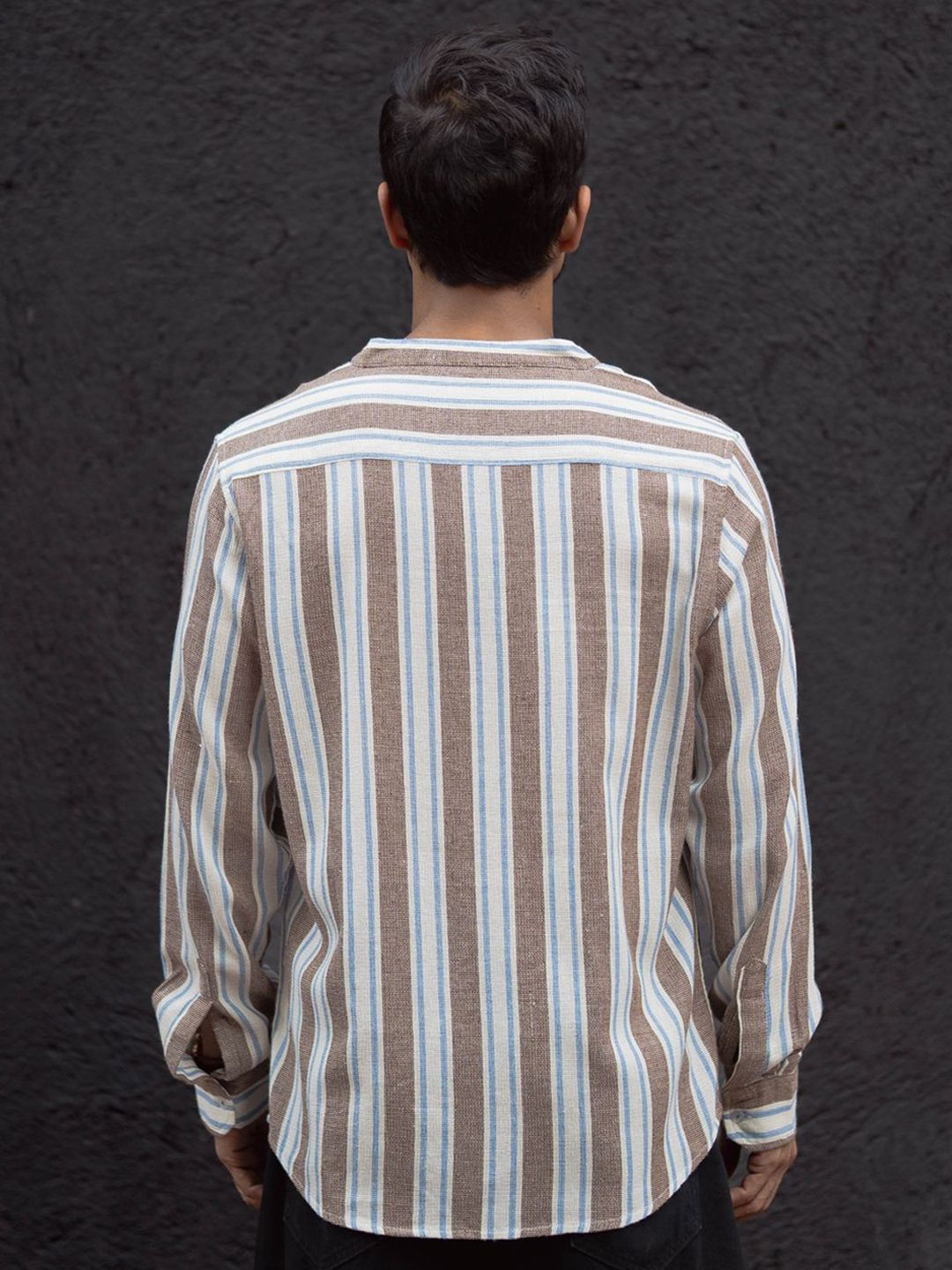Powerlook Men Band Collar Vertical Striped Cotton Casual Shirt