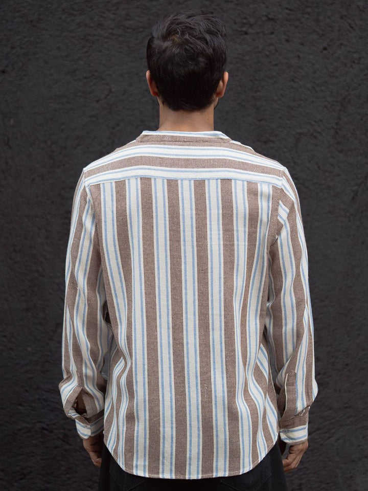 Powerlook Men Band Collar Vertical Striped Cotton Casual Shirt