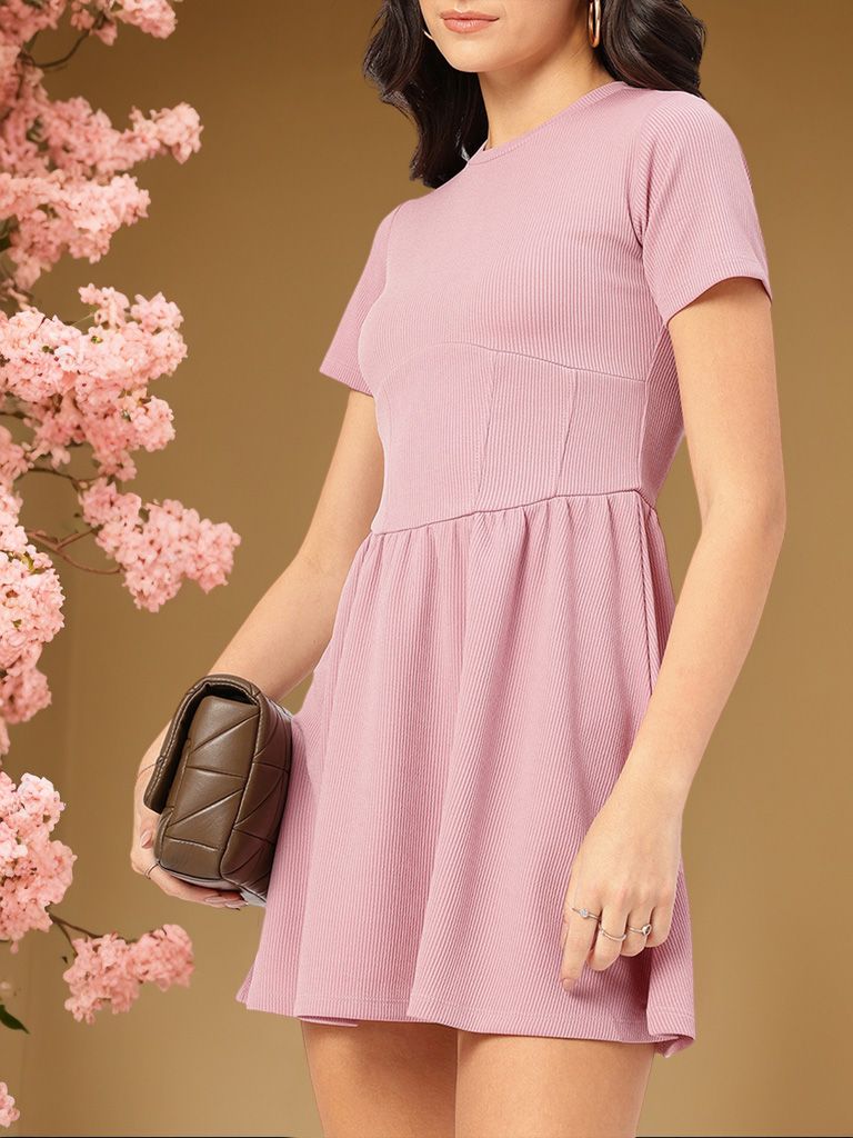DressBerry Playful Pleats Ribbed Mini A-Line Dress