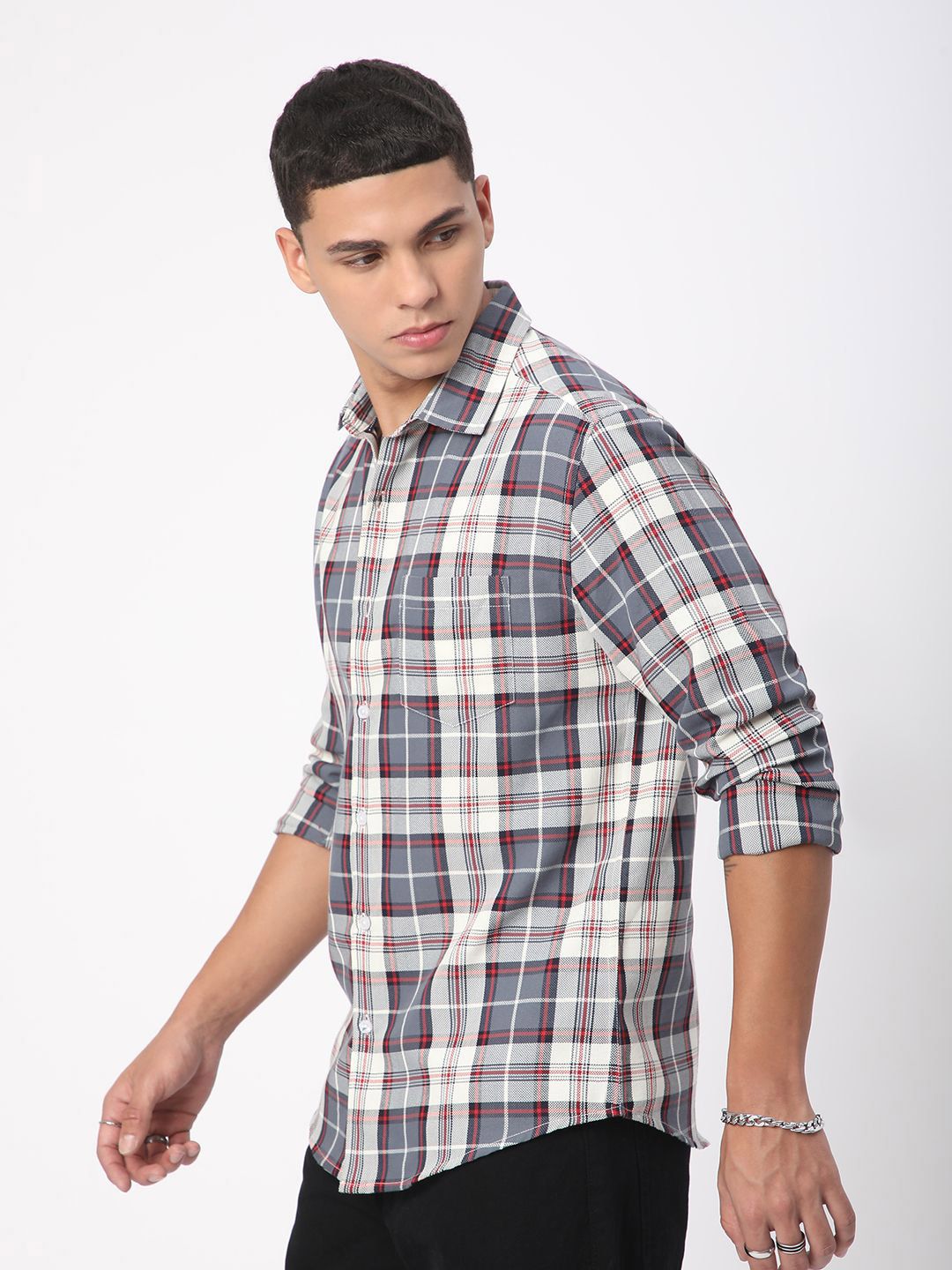 VASTRADO Men Grey Classic Slim Fit Checkered Shirt